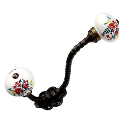 White Floral Leafy Painted Antique Rope Iron Hook